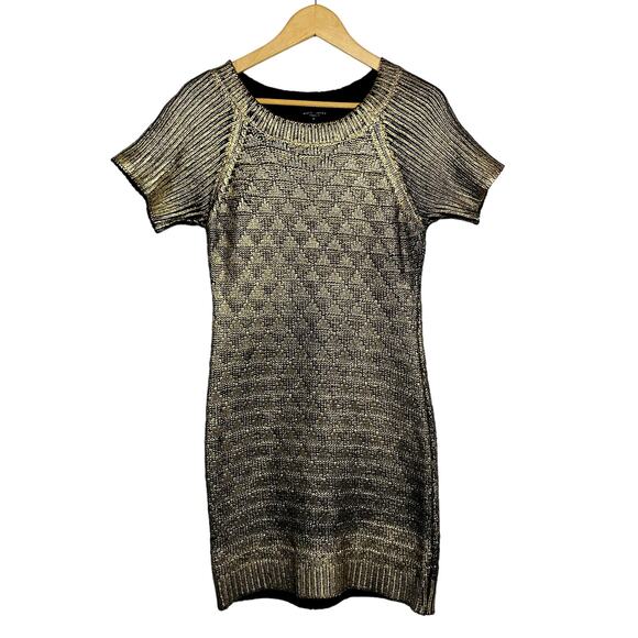 Romeo + Juliet Scoop Neck Metallic Bodycon Dress Knit Mini Black Gold - M - Picture 1 of 4
